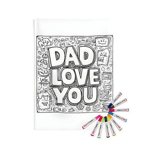 A black and white illustration featuring the bold text 'Dad Love You', surrounded by various doodles and heart symbols, indicating love and appreciation. Indoor Wall Tapestries with a love for dad design