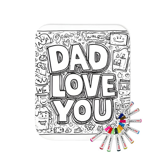 Colorful blanket with heartfelt 'Dad Love You' illustration and doodles, perfect gift idea for fatherly love