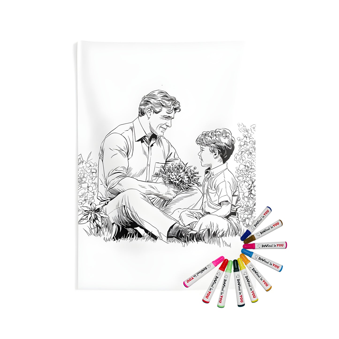 Indoor wall tapestry design inspired by coloring pages, featuring a father and son sharing a moment on the grass with flowers