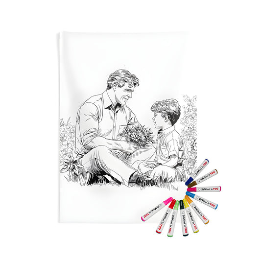 Indoor wall tapestry design inspired by coloring pages, featuring a father and son sharing a moment on the grass with flowers