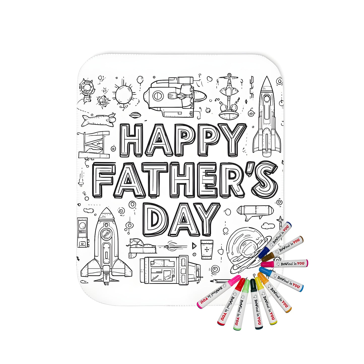 Father's Day blanket design with rockets and planets coloring page for kids and adults