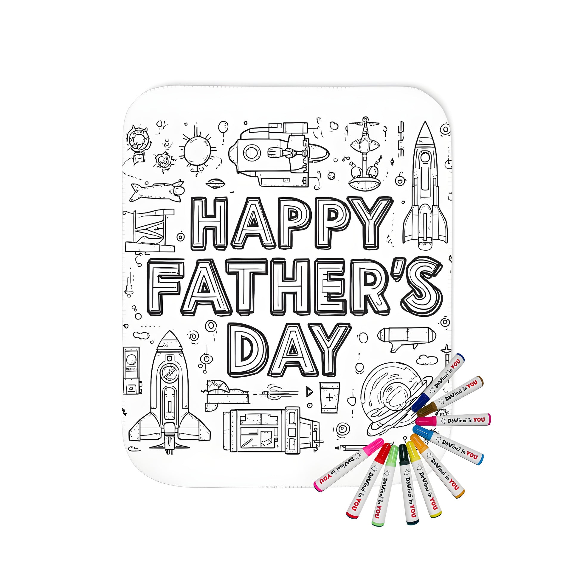 Father's Day blanket design with rockets and planets coloring page for kids and adults