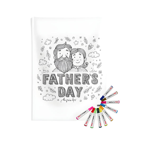 Indoor Wall Tapestry featuring a colorful black-and-white line drawing of a father and child surrounded by clouds and stars, perfect for Father's Day decor