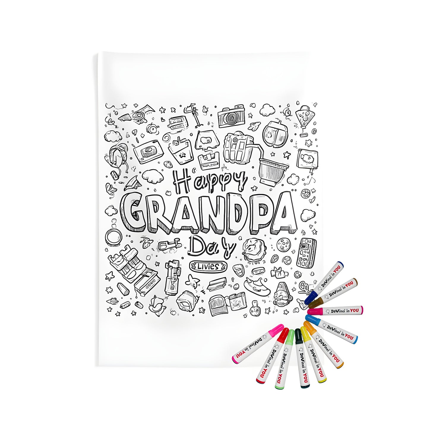 A colorful Indoor Wall Tapestry featuring a fun Grandparent Appreciation design with doodles of cameras, hats, and clouds