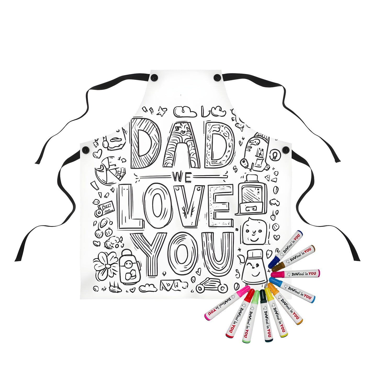 Father's Day apron coloring kit with love doodles and markers
