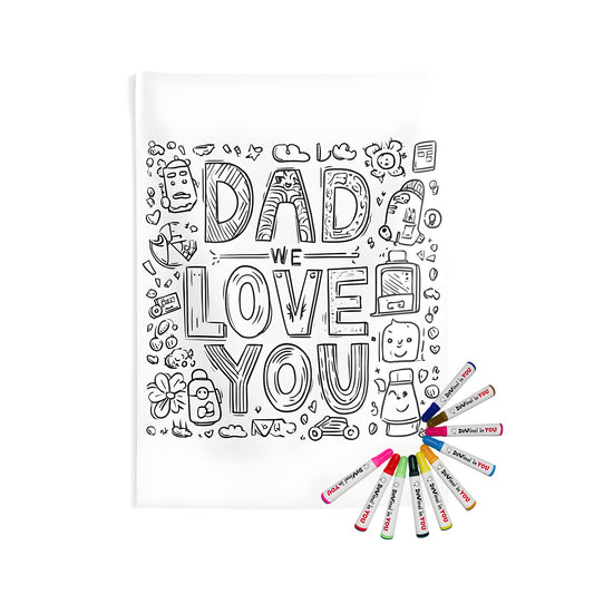 Coloring kit for Dad on Father's Day, featuring an indoor wall tapestry with a heartfelt black and white illustration expressing love
