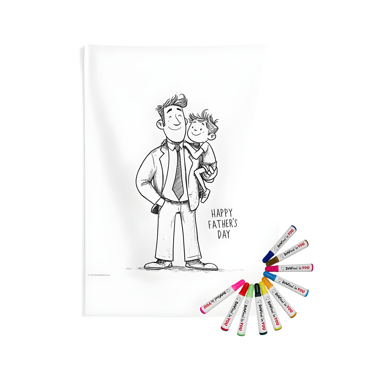 Fatherly love indoor tapestry with happy dad son moment, vintage illustration of Father's Day gift