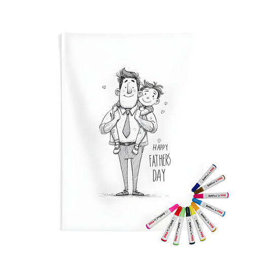 Indoor wall tapestries featuring an illustration of fatherly love, a happy dad carrying his son on his shoulders amidst hearts and 'Happy Father's Day' text
