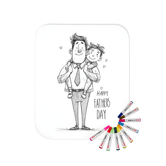 Blanket with a father and son illustration on a colorful background. Features a dad happily carrying his kid on his shoulders, surrounded by hearts saying 'Happy Father's Day'. Perfect for Dads, Sons, Fathers Day gifts