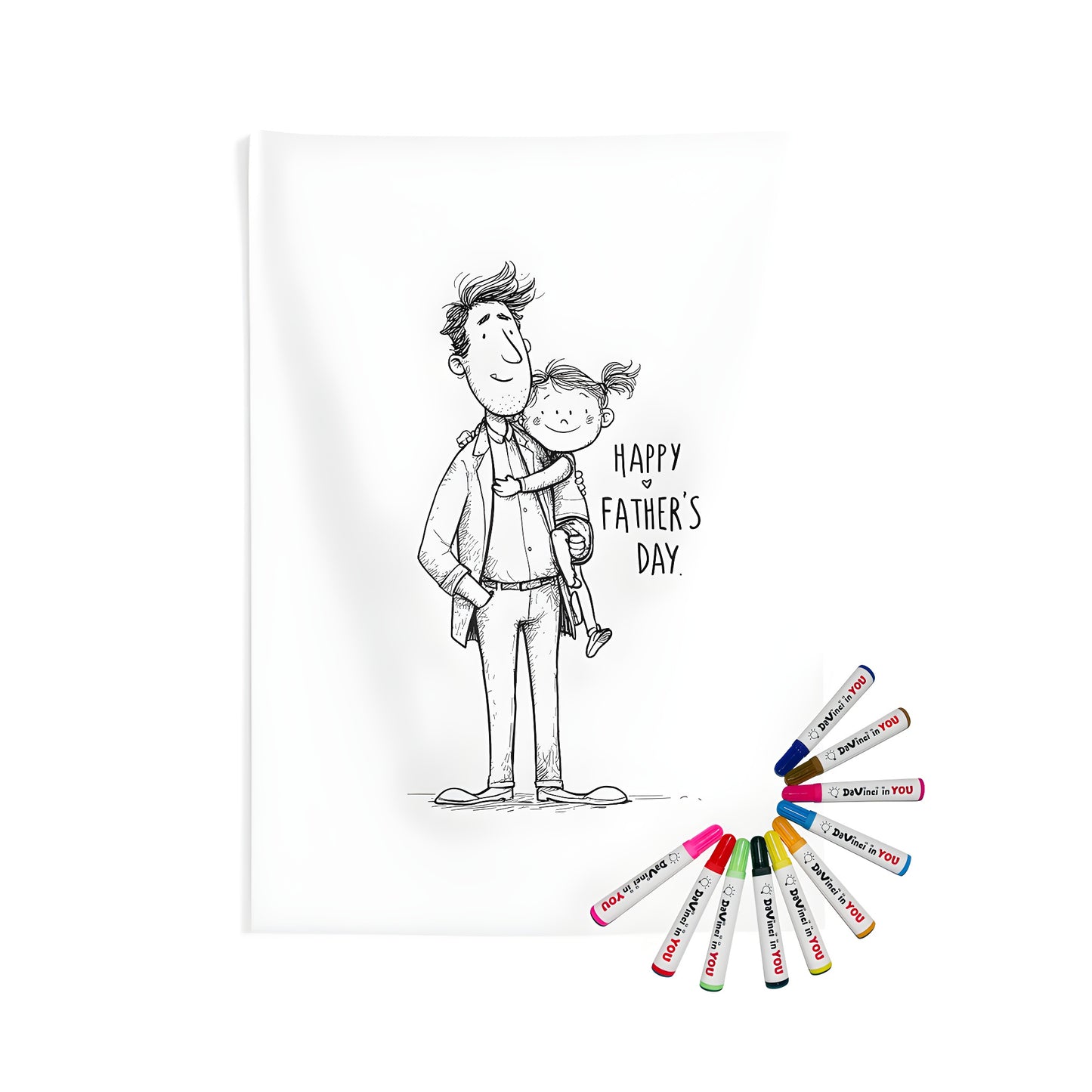 Indoor wall tapestries for Father's Day or Dad's special occasion, with a coloring page design of a loving father holding his daughter in an embrace. Includes fabric markers.