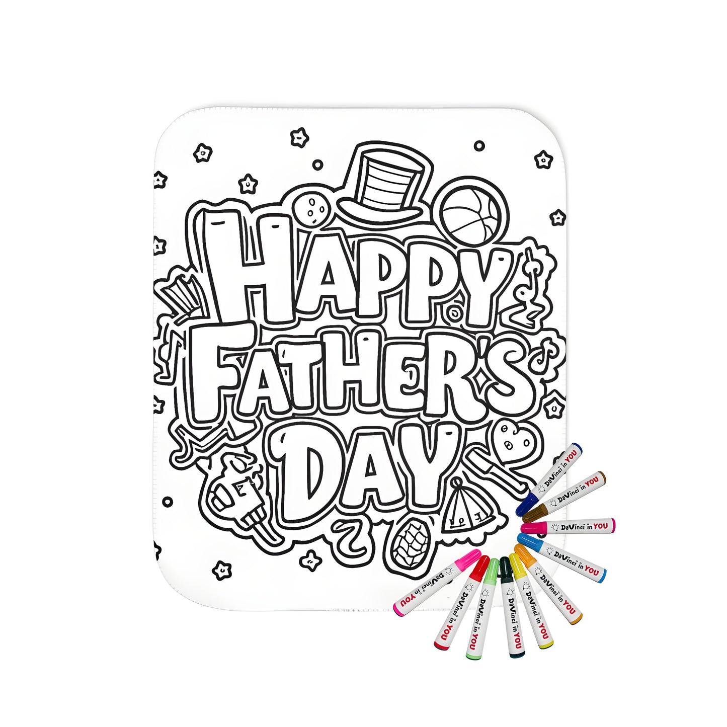 Blanket with Happy Father's Day coloring page design featuring festive elements like hats, basketballs, and stars