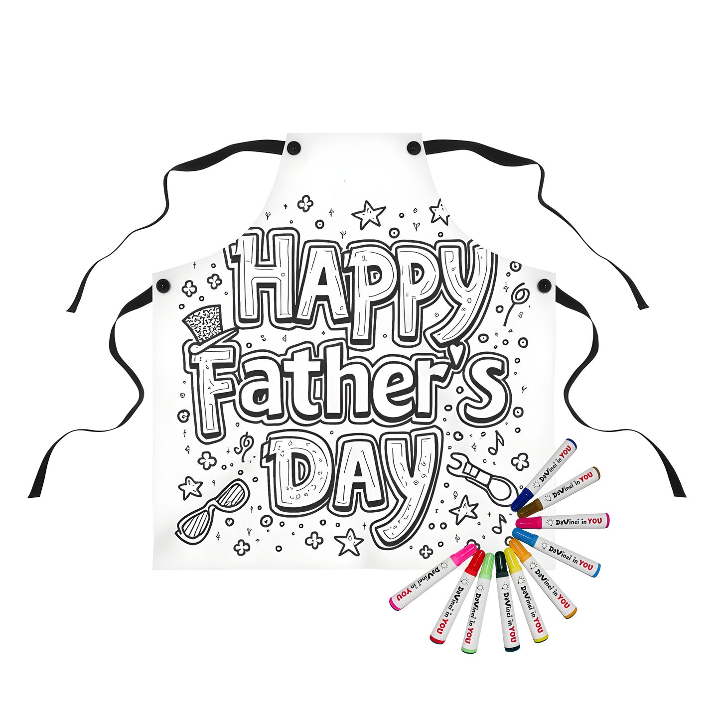 Apron for Dad featuring Happy Father's Day coloring page design with stars, glasses, hat, and flowers