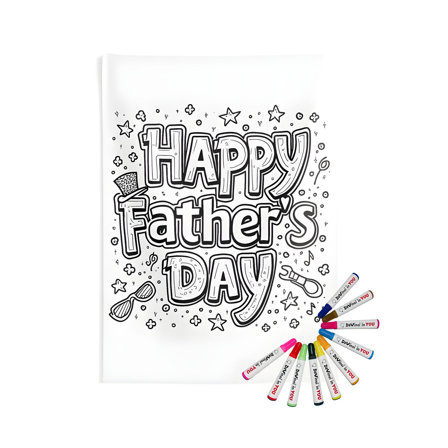 Indoor wall tapestry featuring a Happy Dad coloring page with stars, glasses, hat, and flowers - Dads Day gift idea