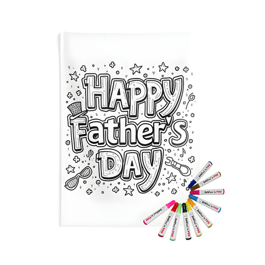 Indoor wall tapestry featuring a Happy Dad coloring page with stars, glasses, hat, and flowers - Dads Day gift idea