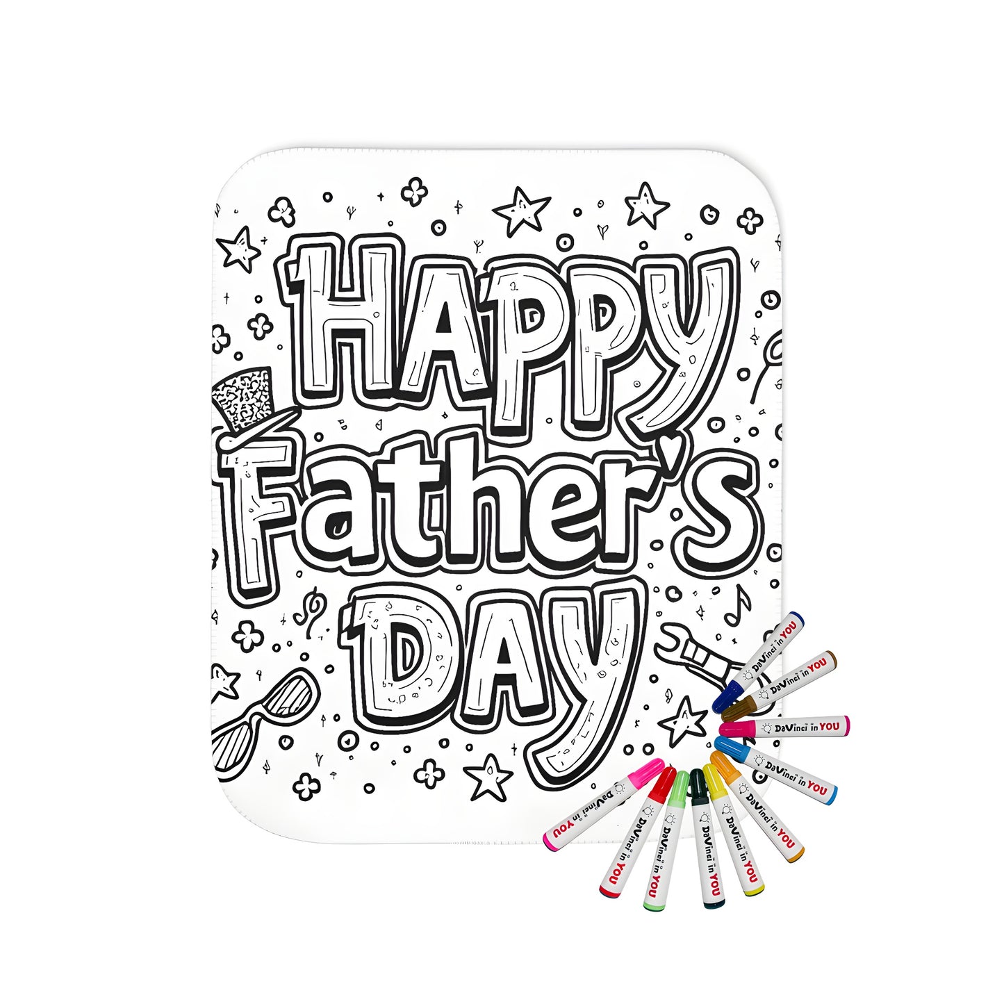 Colorful blanket featuring a 'Happy Father's Day' design with bold letters, surrounded by stars, glasses, hat, and flowers. Perfect for dads, father figure, or paternal love gifts.