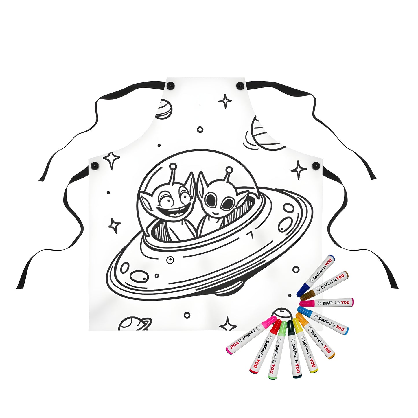 Apron with a colorful, whimsical design of two extraterrestrial friends flying in their spaceship around planets and stars