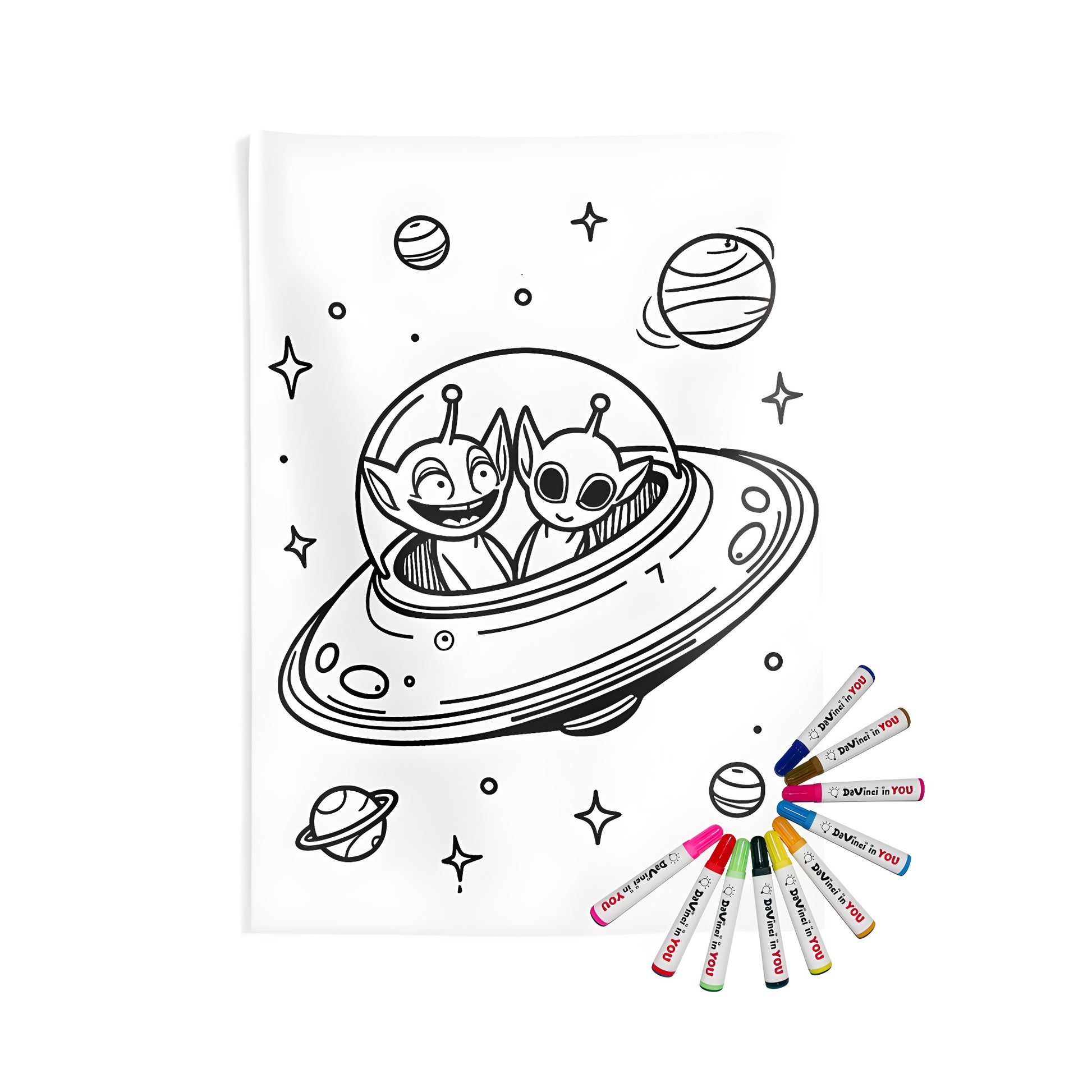 Indoor wall tapestries for home decor featuring a fun and colorful coloring page design of two extraterrestrial beings in a spaceship exploring the cosmos with planets and stars around them.