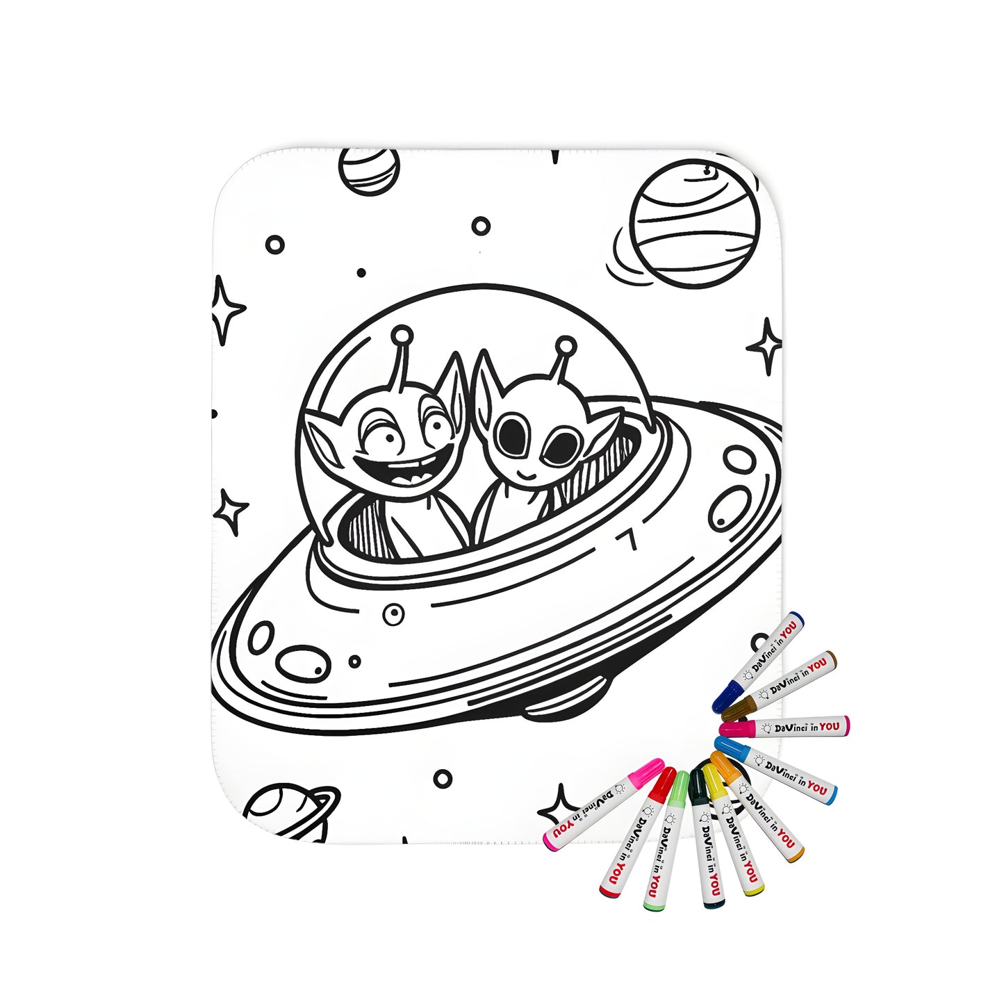 Adorable aliens in spaceship blanket coloring kit