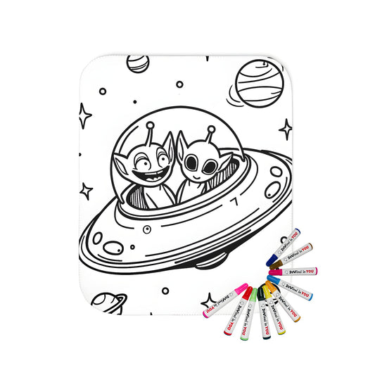 Adorable aliens in spaceship blanket coloring kit