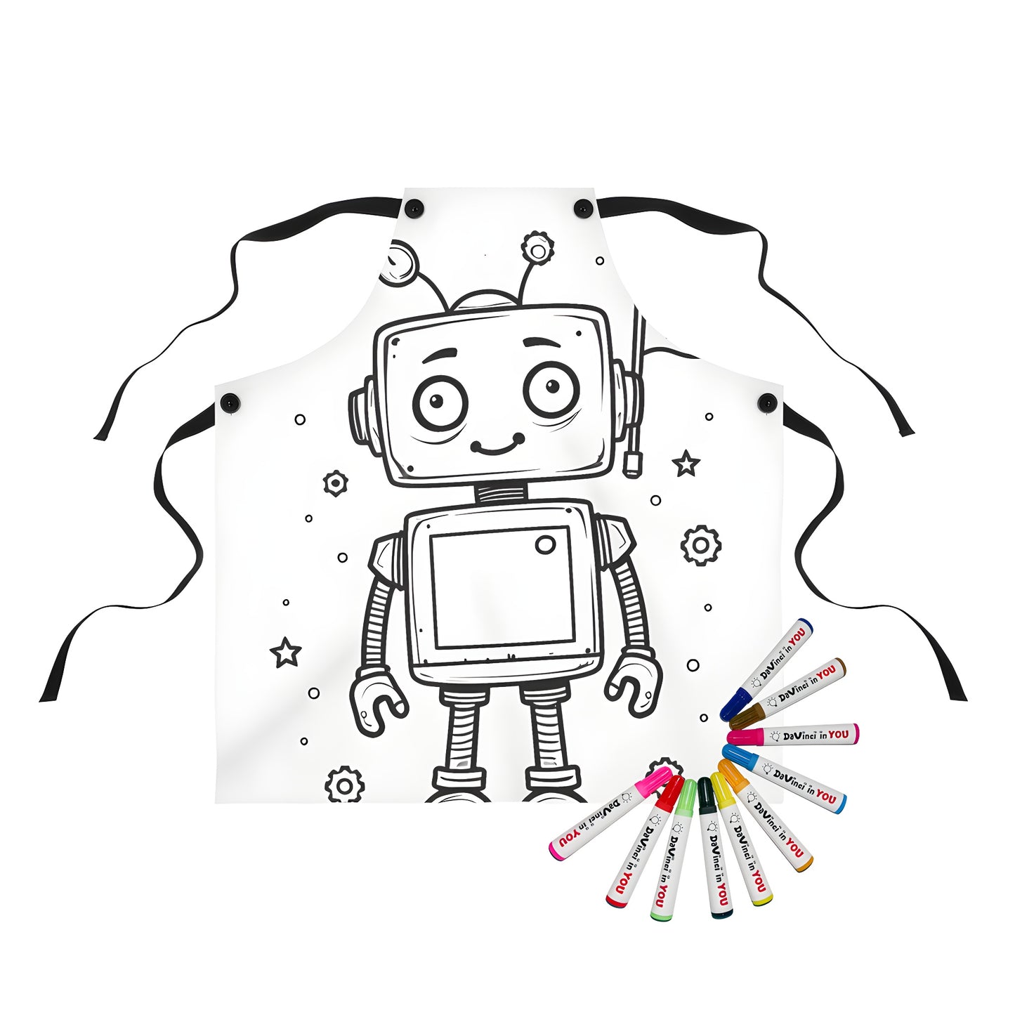 Robot coloring apron with fabric markers, ideal for kids