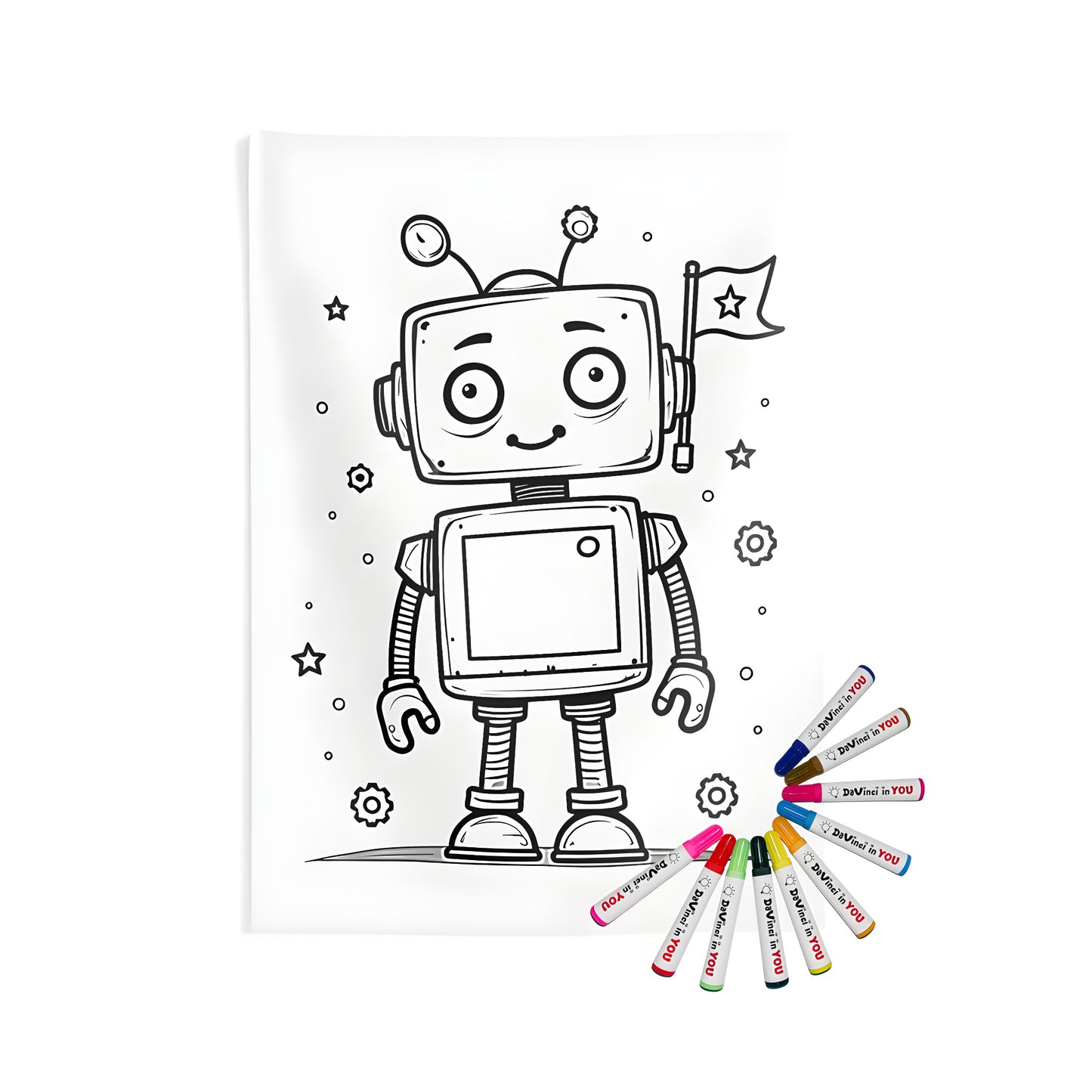 Cute robot wall tapestry indoor decor, cheerful robot coloring page art, robot flag and stars design