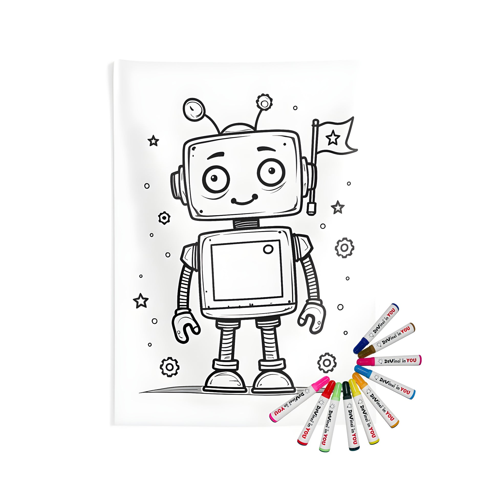 Cute robot wall tapestry indoor decor, cheerful robot coloring page art, robot flag and stars design