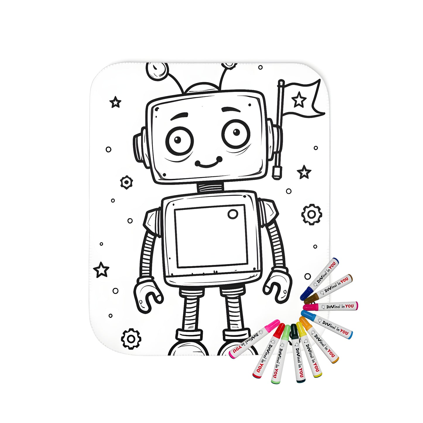 A colorful blanket featuring a cute robot holding a flag surrounded by stars and gears, perfect for kids' bedrooms