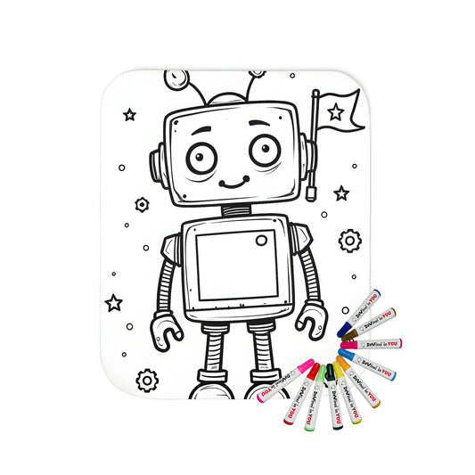 A colorful blanket featuring a cute robot holding a flag surrounded by stars and gears, perfect for kids' bedrooms