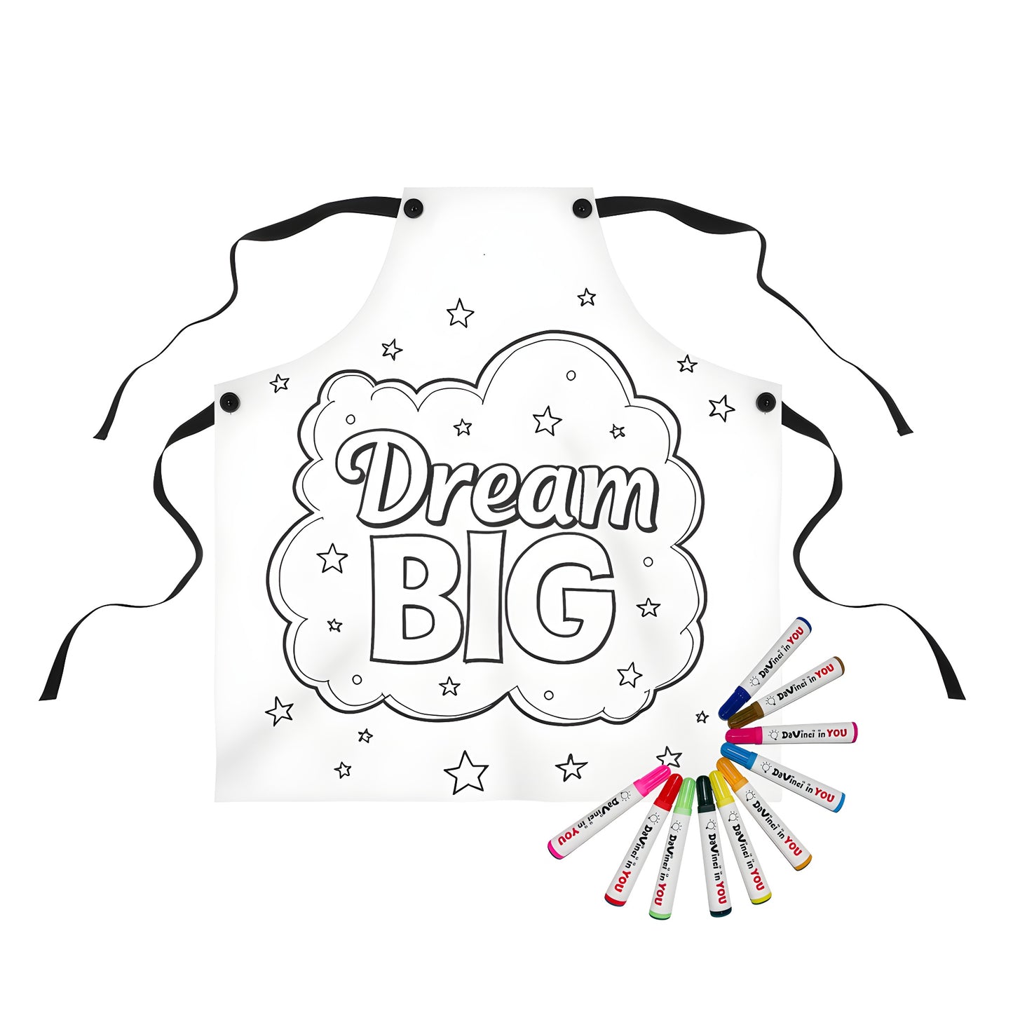 Colorful apron with inspirational quote 'Dream Big' inside a cloud and stars around