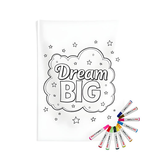 Indoor wall tapestry motivational design with inspirational quote Dream Big inside cloud surrounded by stars and colorful fabric markers included