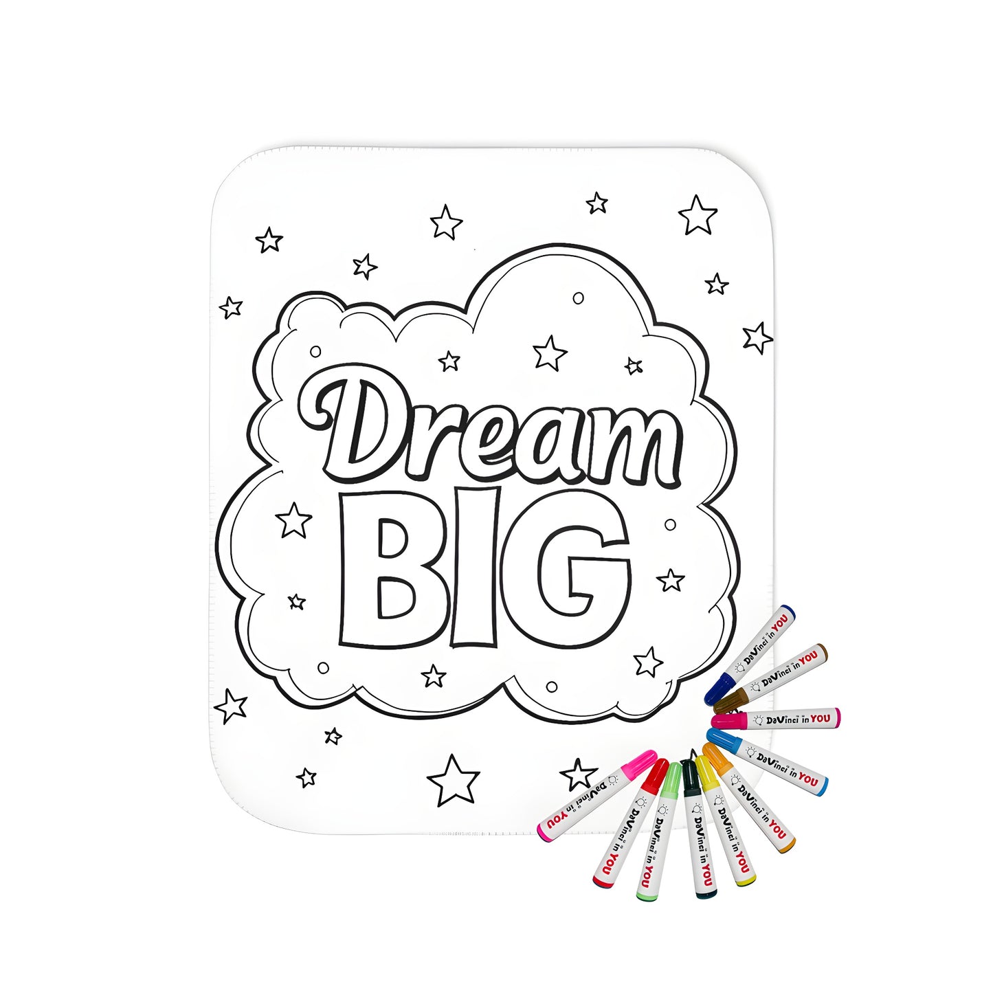 Inspirational blanket with motivational quote 'Dream Big' and colorful cloud design