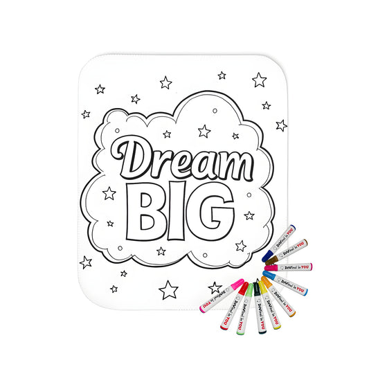 Inspirational blanket with motivational quote 'Dream Big' and colorful cloud design