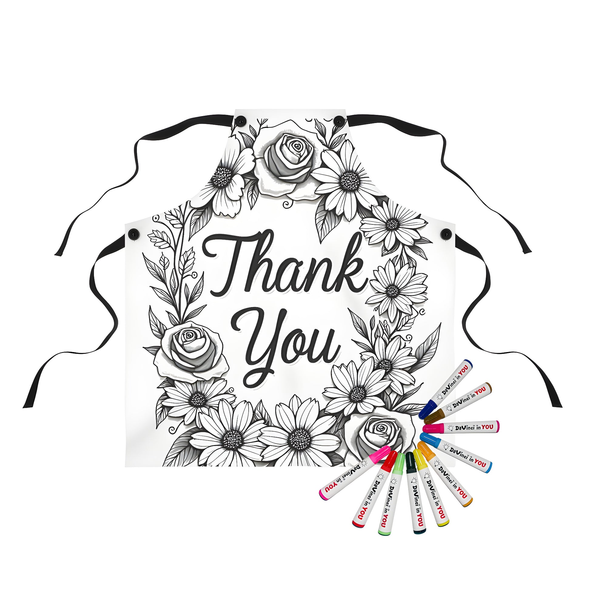 Apron with floral wreath design featuring roses and daisies