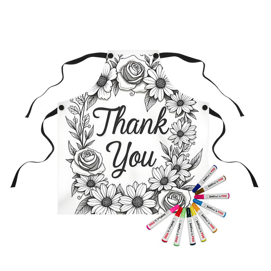 Apron with floral wreath design featuring roses and daisies