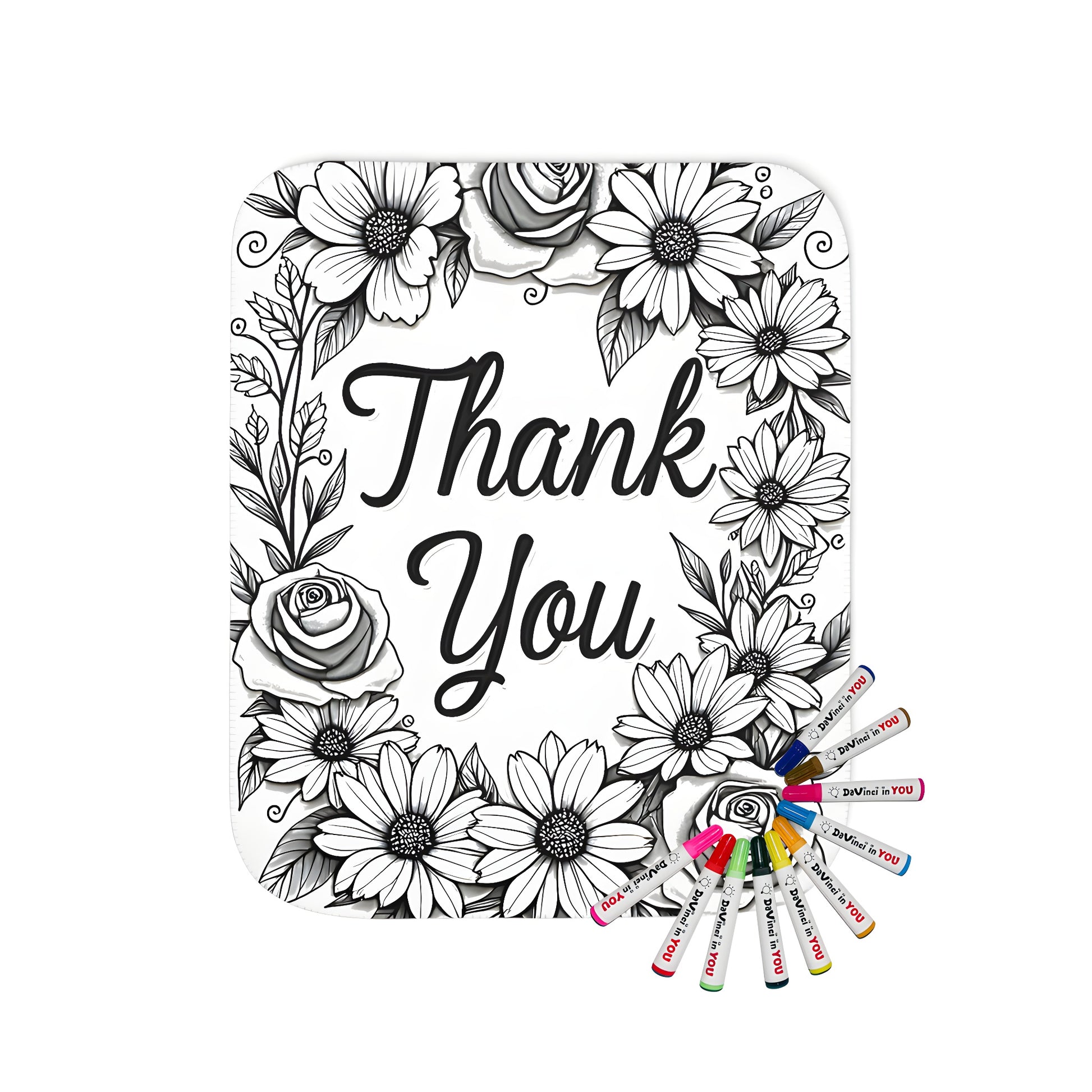 Blanket with floral wreath design featuring roses and daisies, ideal for adult coloring kits with fabric markers