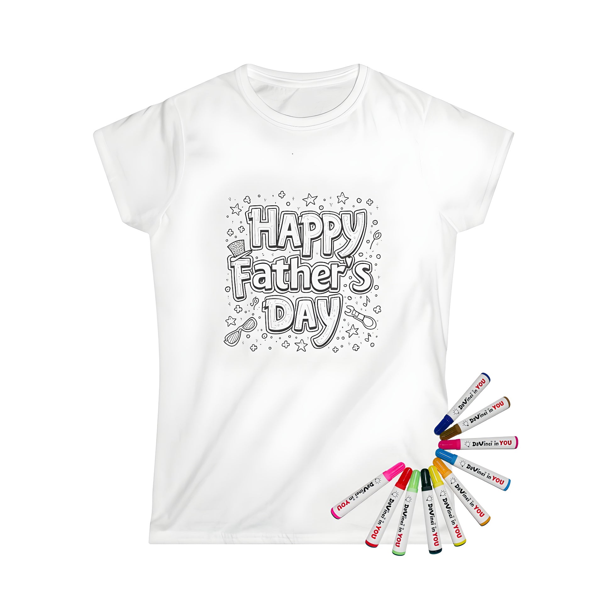 Women's t-shirt with Happy Father's Day coloring page design, featuring bold letters, stars, glasses, hat, and flowers