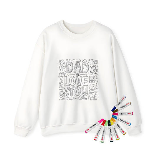 Cozy Adult Sweatshirts designed for Dad's special day, featuring heartfelt illustrations and doodles saying 'Dad, We Love You', perfect for Father's Day gifts or personalized presents