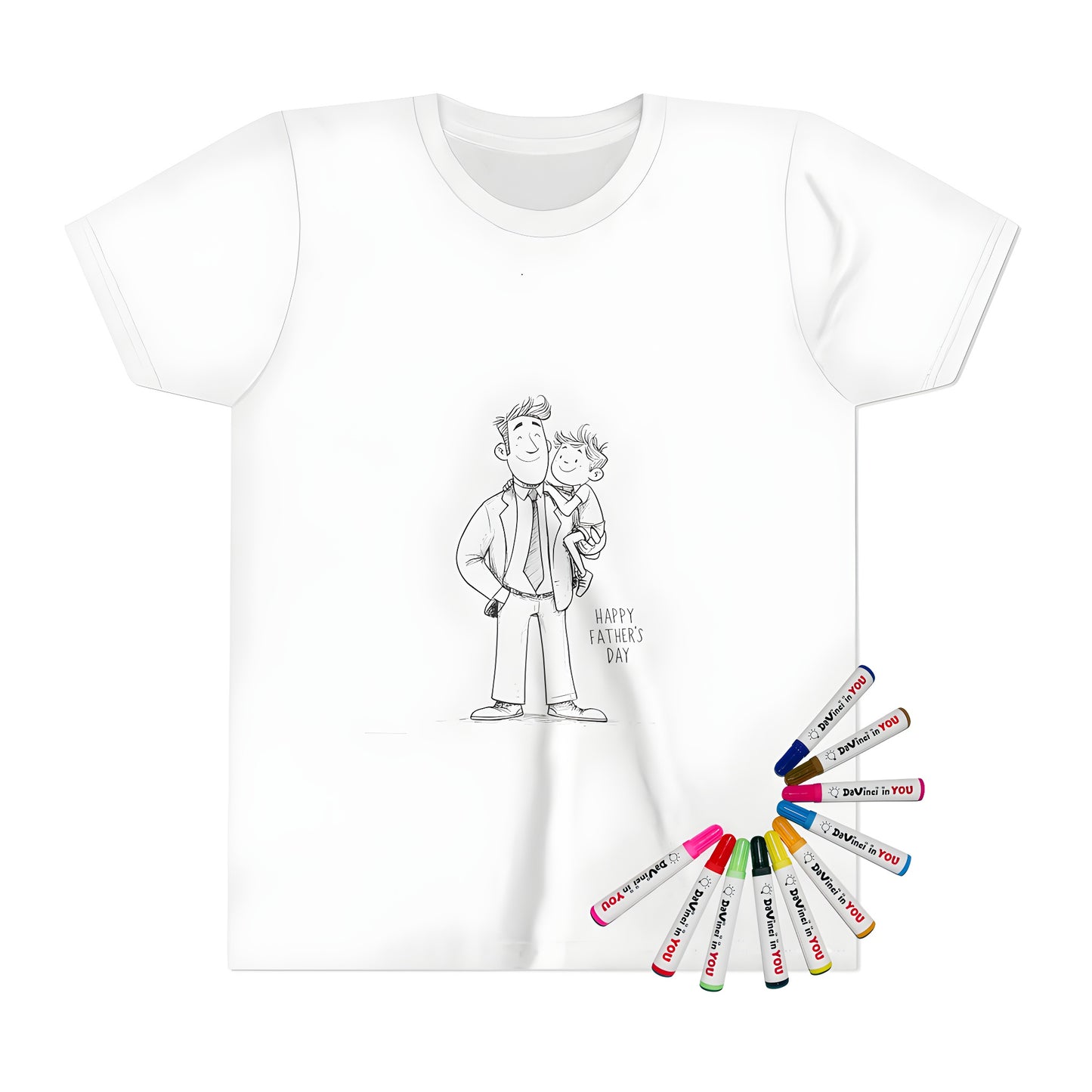 Coloring kit with kid's t-shirt featuring a father and son design for Happy Dad's Day, Pops' Day, or Daddy's Special Day