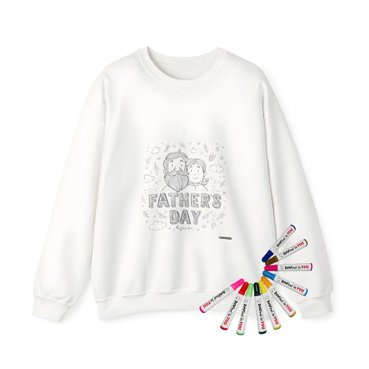 Adult sweatshirt featuring a colorful father and child illustration, with a line drawing of clouds and stars in the background