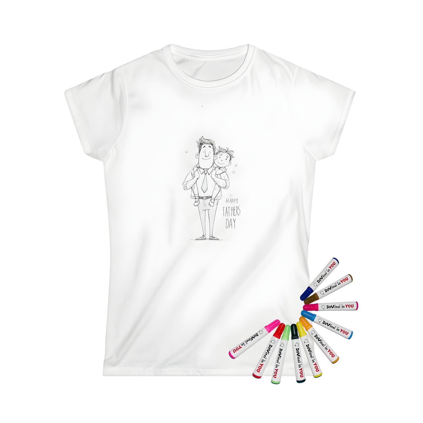 Illustration of a father joyfully carrying his son on his shoulders, surrounded by hearts and 'Happy Father's Day' text, printed on a Women's T-shirt, with coloring page design and 10 fabric markers included