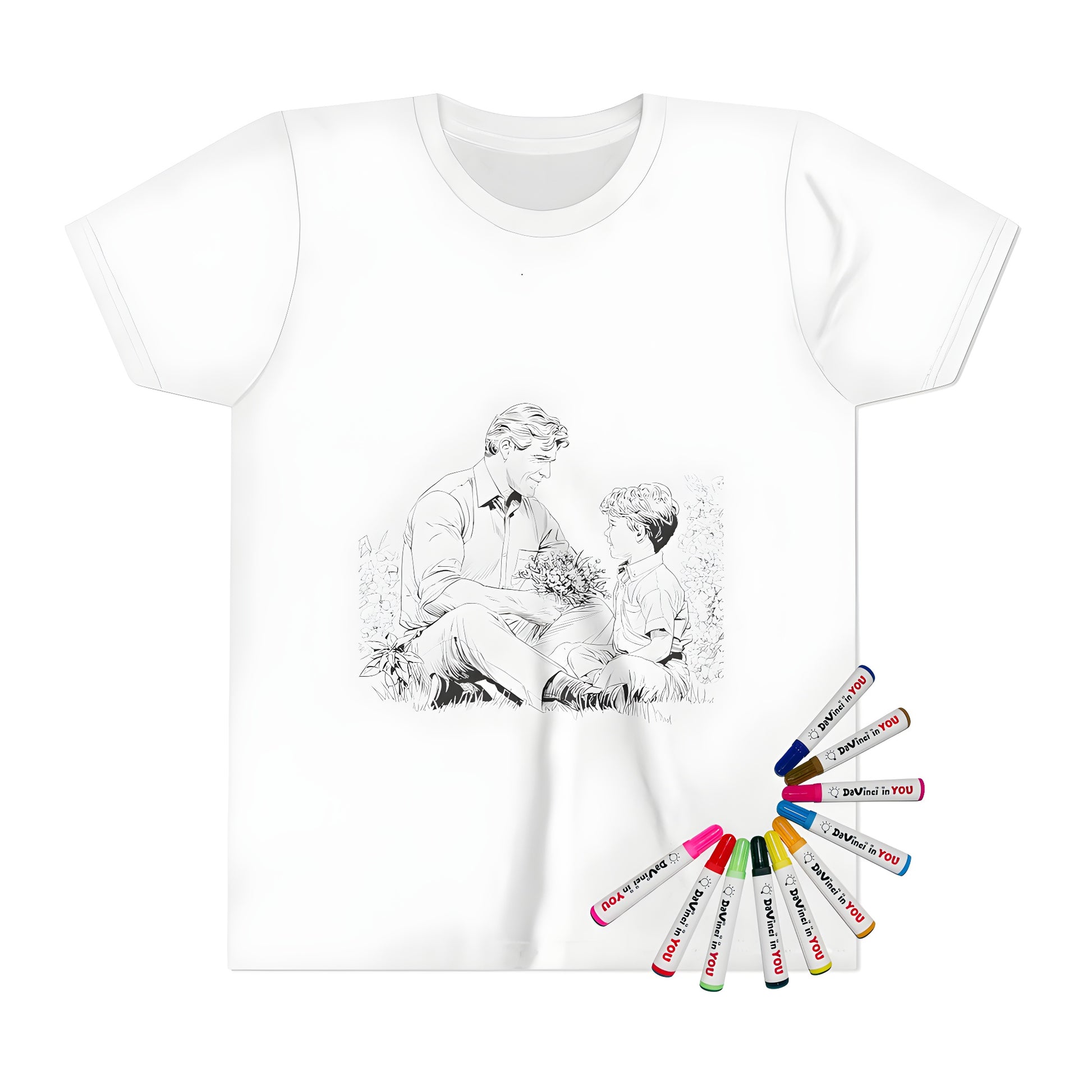 Kid's T-shirt featuring an emotional scene of dad and son, fatherly love, paternal bond, sharing moments together