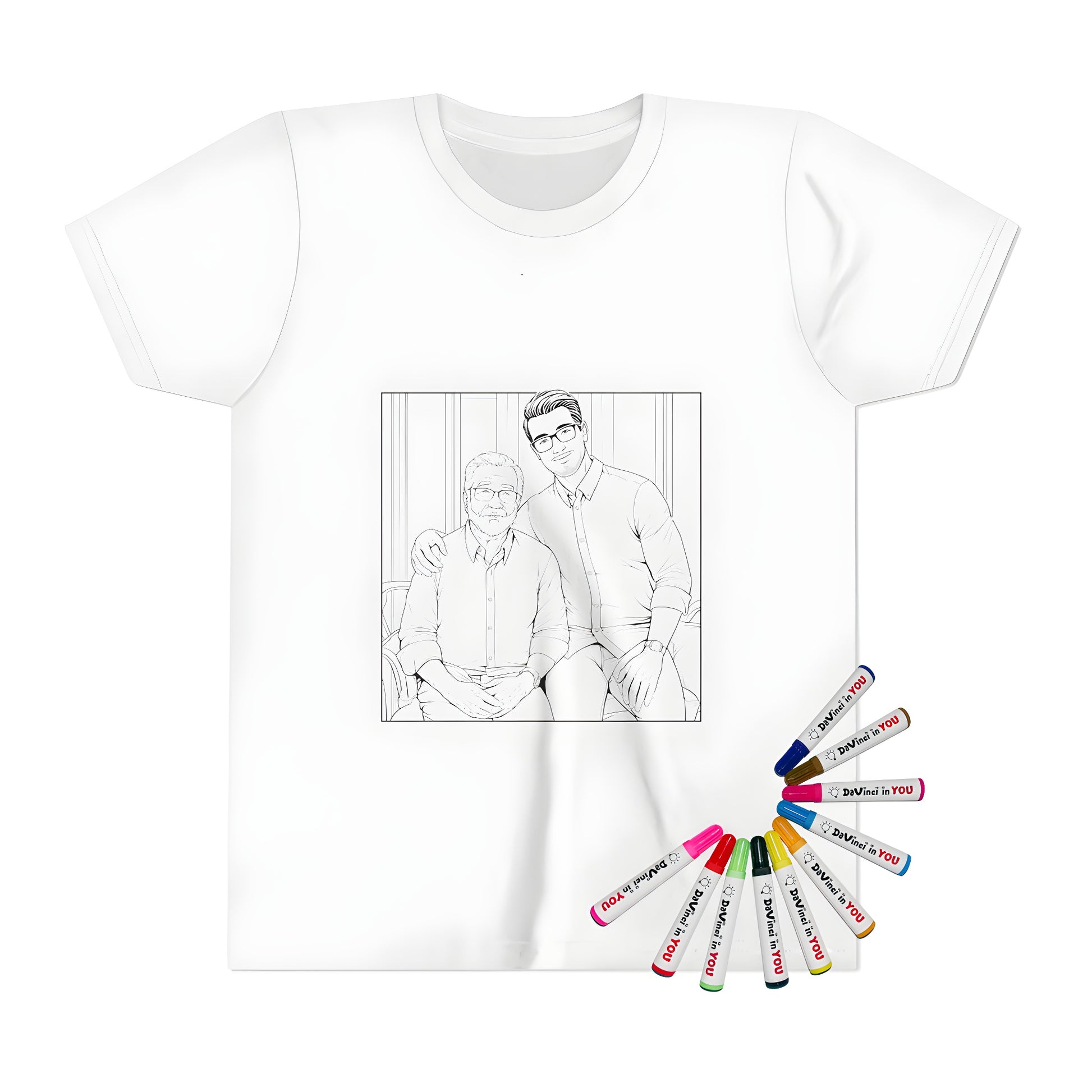 A heartwarming illustration of an elderly man and his younger son, both smiling warmly, on a kid's t-shirt coloring kit with fabric markers