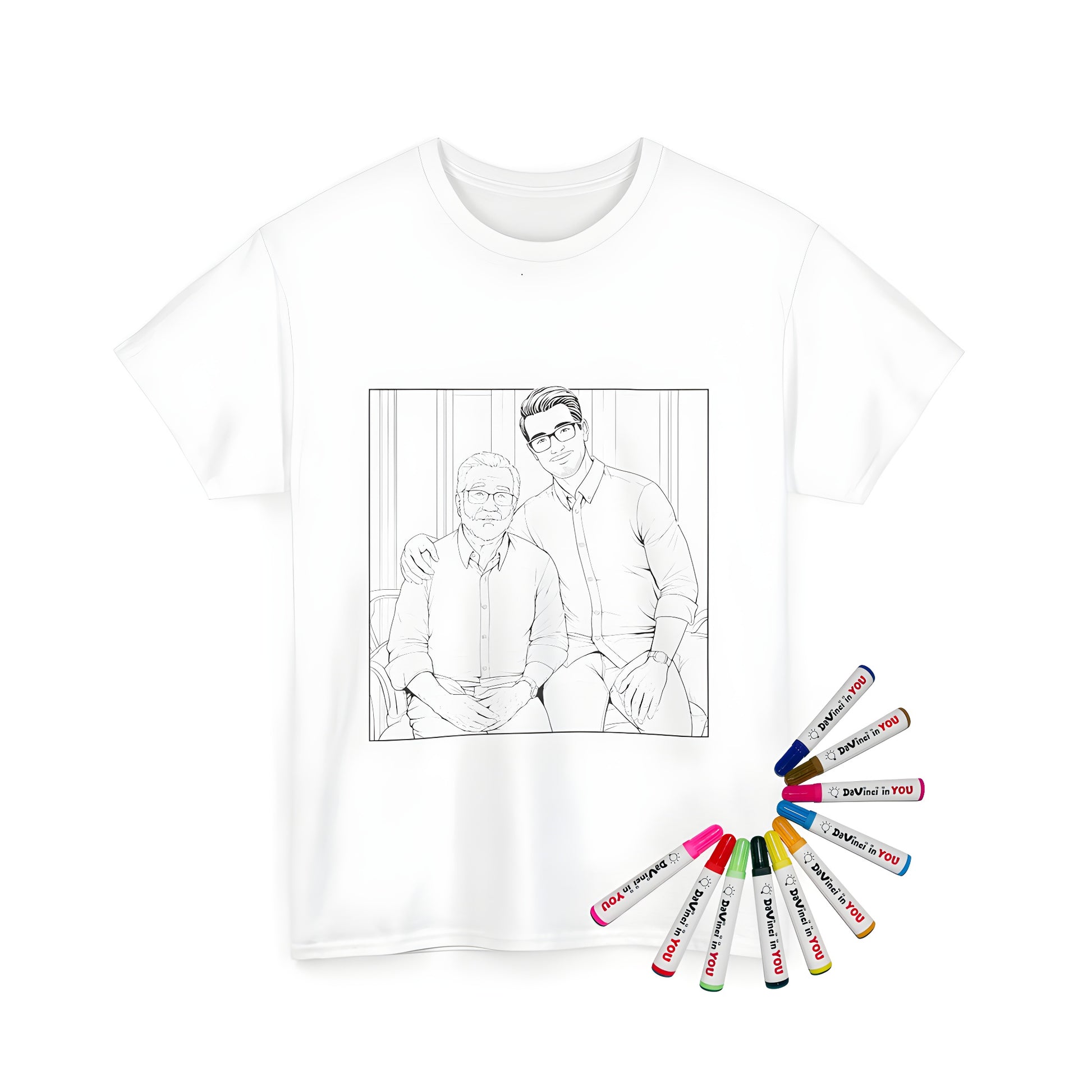 Grandfather and son t-shirt illustration, Dad and kid coloring page, Family bonding art