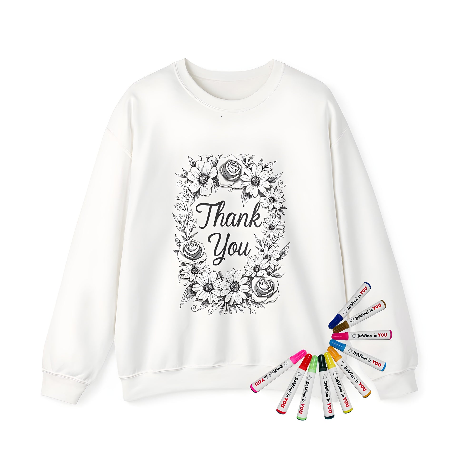 Adult sweatshirt featuring a floral wreath design with roses and daisies, perfect for adult coloring enthusiasts