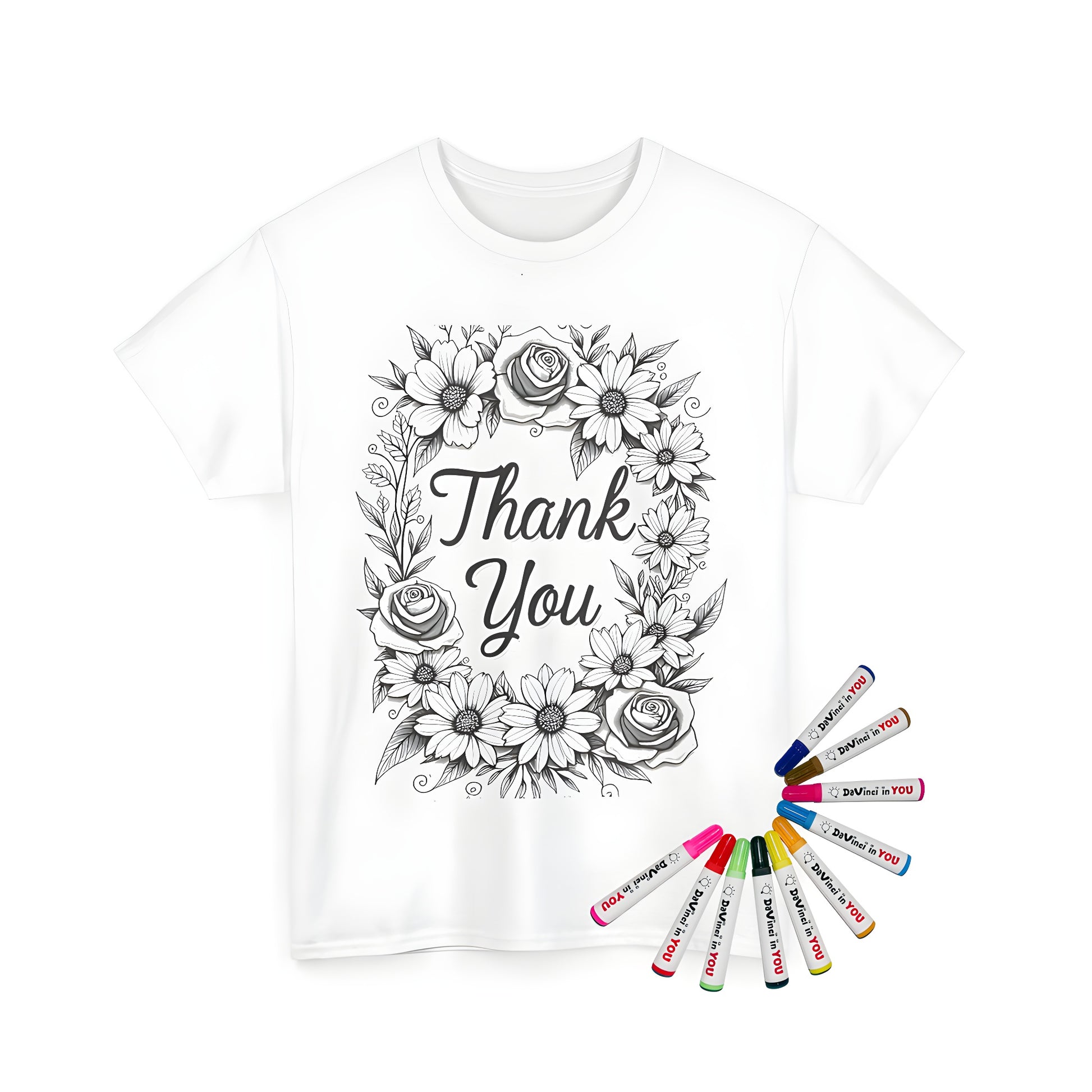 Unisex T-shirt featuring a detailed floral wreath design with roses and daisies surrounding the words 'Thank You'