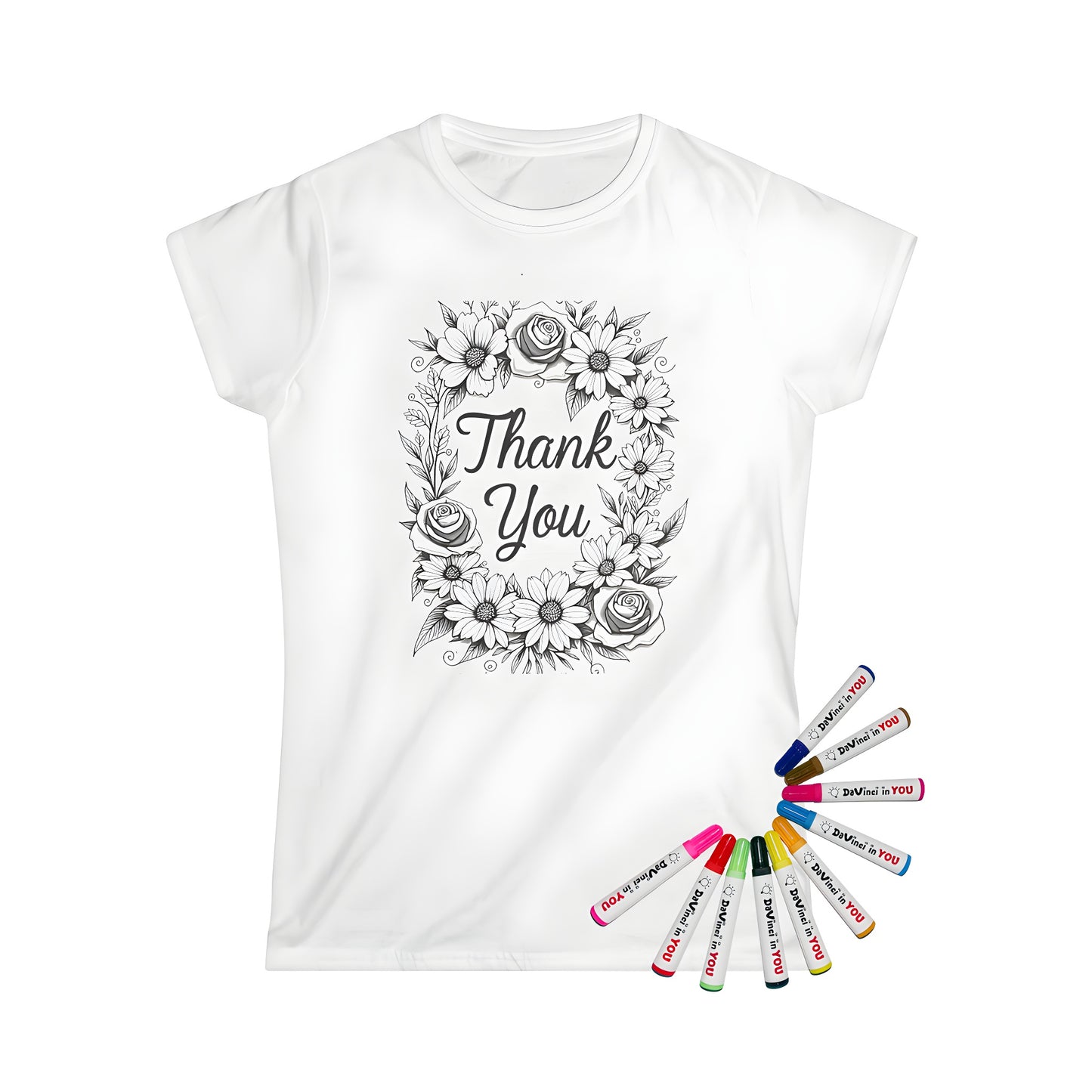 Women's t-shirt with floral wreath design featuring roses and daisies, ideal for coloring page enthusiasts