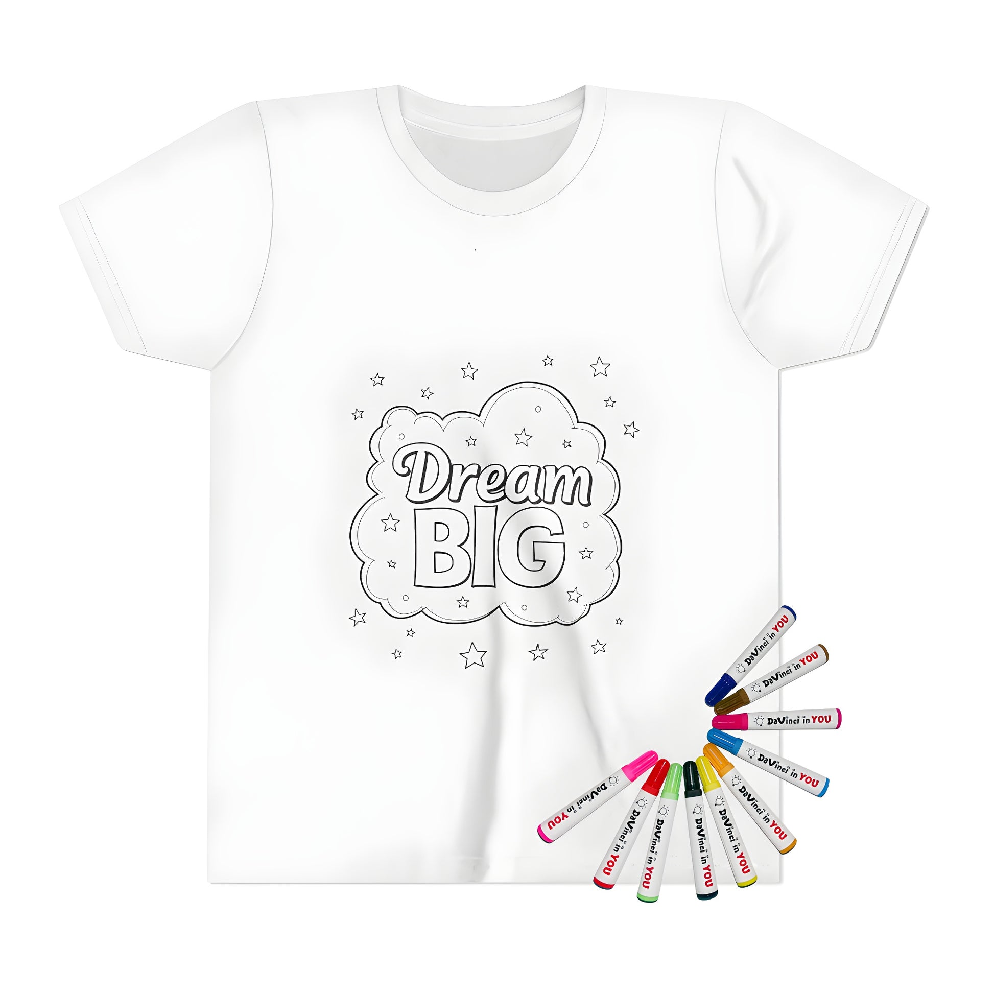 Inspiring kid's t-shirt with motivational quote 'Dream Big' inside a colorful cloud design