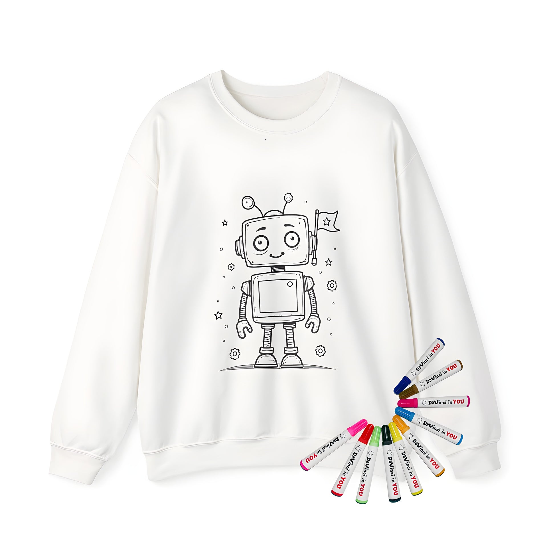 Adult sweatshirt with cheerful robot coloring design, adult apparel