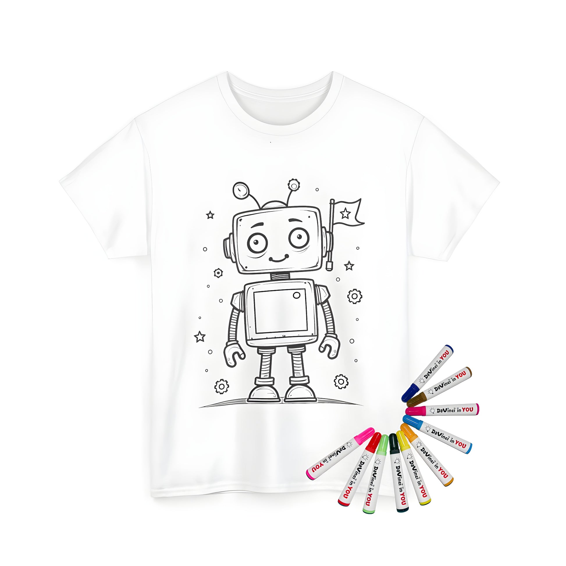 A colorful Unisex T-shirt featuring a cute robot holding a flag surrounded by stars and gears