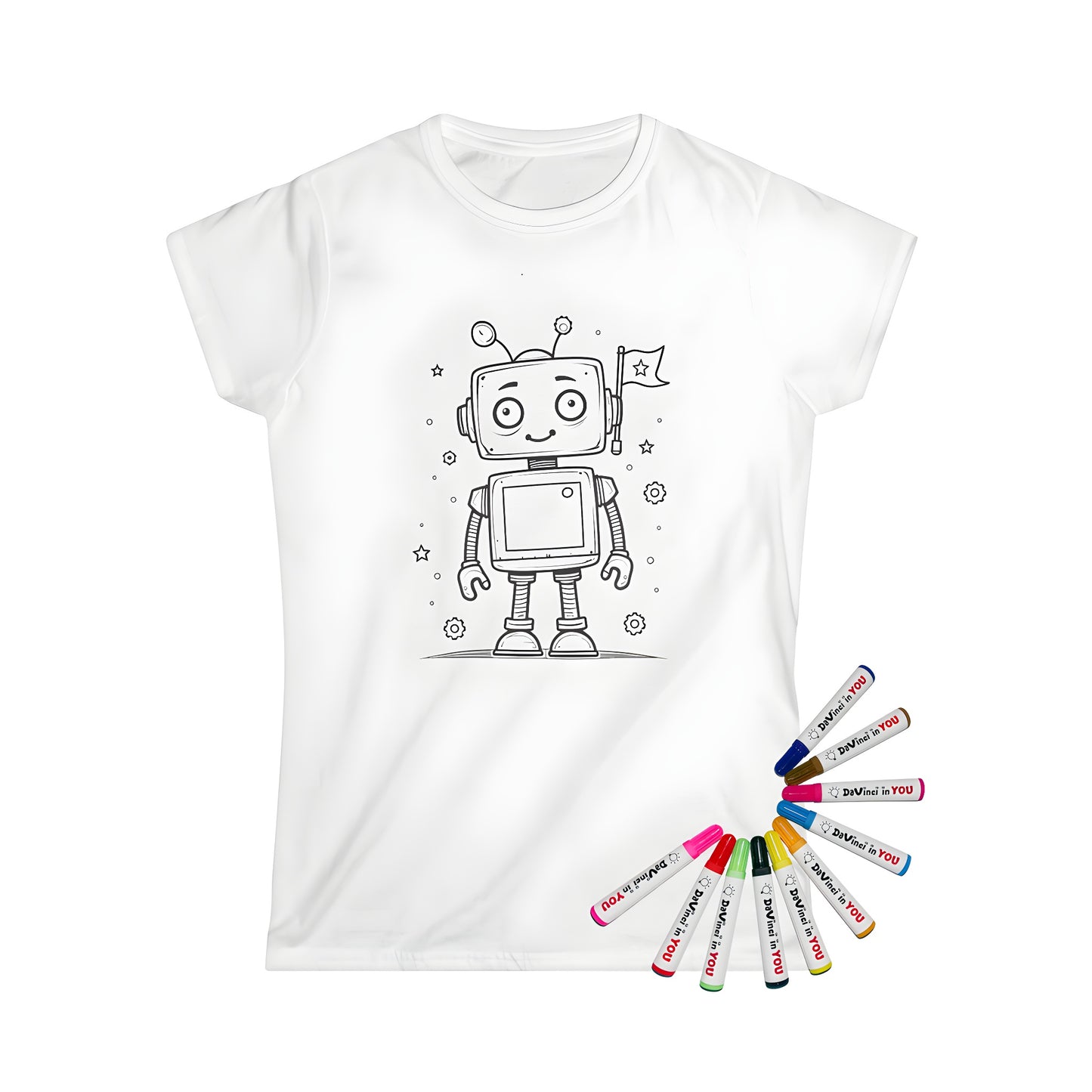 Women's t-shirt with cute robot coloring page design, featuring a cheerful robot holding a flag surrounded by stars and gears
